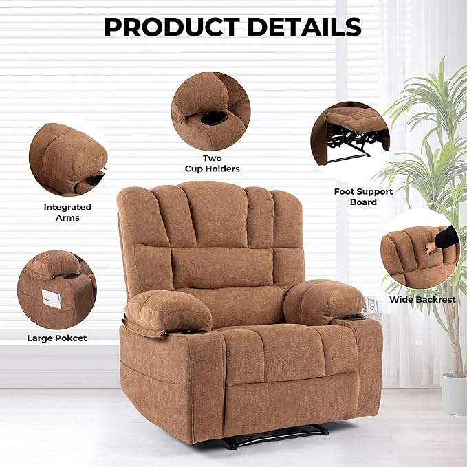 Massage Chair Recliner with HeatManual Recliner Chair for AdultsLazy Boy Recliner Chair with Cup Holder2 PocketsAdjustable BackrestFootrestOversizedHeavy Duty (Brown1)