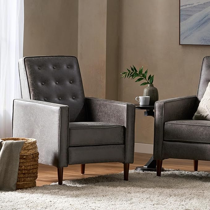 Mid-Century PU Rocker Recliner Chair with Tufted Design Adjustable Single Recliner Sofa with Thicker Seat Cushion with Pocket for Living Room Bedroom Apartment (Slate Style1)