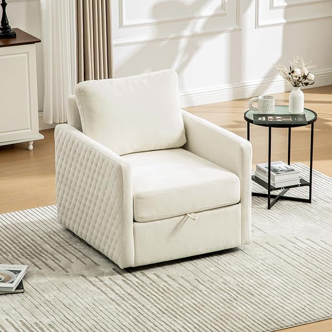 29.5'' Swivel Accent Chair Upholstered 360° Swivel Chenille Reading Armchair with Hidden Storage Comfy Diamond-Shape Tufted Single Sofa Club Chairs for Living Room Bedroom (Beige)