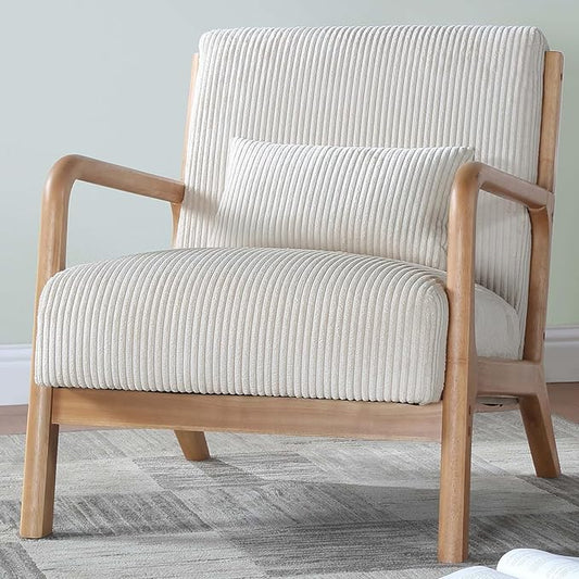 Modern Accent Chairs with Waist Cushion Comfy Upholstered Chair Living Room Corduroy Reading Chair with Solid Wood Frame Side Chairs for Living Room Bedroom Sunny Room Balcony (White)