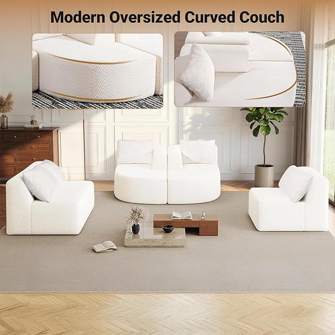 144 Modular Sectional Sofa No Assembly Required U-Shaped Cloud Couch with Chaise Modern Curved Boneless Sofa in Luxurious Boucle Fabric Deep Seats Memory Foam (White) | Zero-Assembly Design Clou