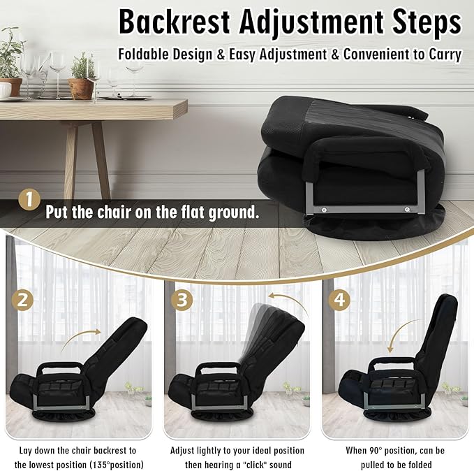 Swivel Floor Gaming Chair w/Armrests Folding Video Reclining Sofa w/6 Adjustable Position Padded Backrest &amp Cushion Lazy Lounger Couch for E-Sports Reading Relaxing Watching TV Black