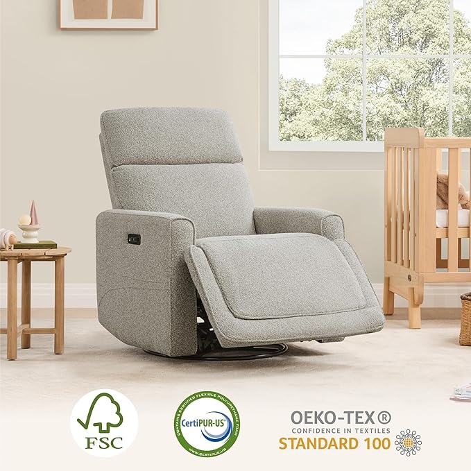 CHITA Power Recliner Chair Swivel Glider with Adjustable Power Headrest FSC Certified Electronic Modern Nursery Rocking Chair with USB and Type-C Ports Light Grey