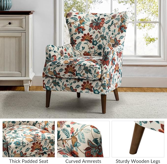HULALA HOME Floral Accent Chair Wingback Chair with Arms and Solid Wooden Legs Comfy Upholstered Armchair Single Sofa Chair for Living Room Office (RED)