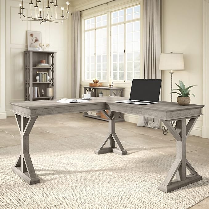 Bush Furniture Homestead 60W Farmhouse L Shaped Desk in Driftwood Gray
