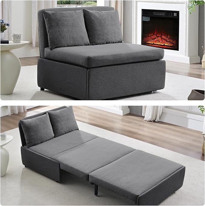 BALUS 43W Twin Pull Out Sofa Bed Sleeper Couch with Pullout Beds 2 in 1 Convertible Linen Sleepers Sofa Single Chair with Pillows and 3.9 Foldable Mattress for Small Space Apartment Loft Dark Grey