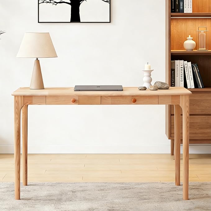 Natural Solid Wood Desk with Drawers Mid Century Modern Real Wood Writing Desk Home Computer Office Desks for Work Standing Desk for Bedroom Small Spaces (Wood Color 40×22(100×56cm))