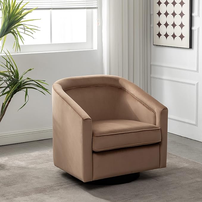 Wovenbyrd Classic Mid-Century 360-degree Swivel Barrel Accent Chair Light Brown Velvet