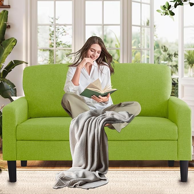 Flesser Loveseat Sofa 53 Green Small Couch for Small Sapces 2 Seater Love Seat Comfy Linen Fabric Office CouchAll-Wood Couches for Bedroom Dorm Apartment with High Legs