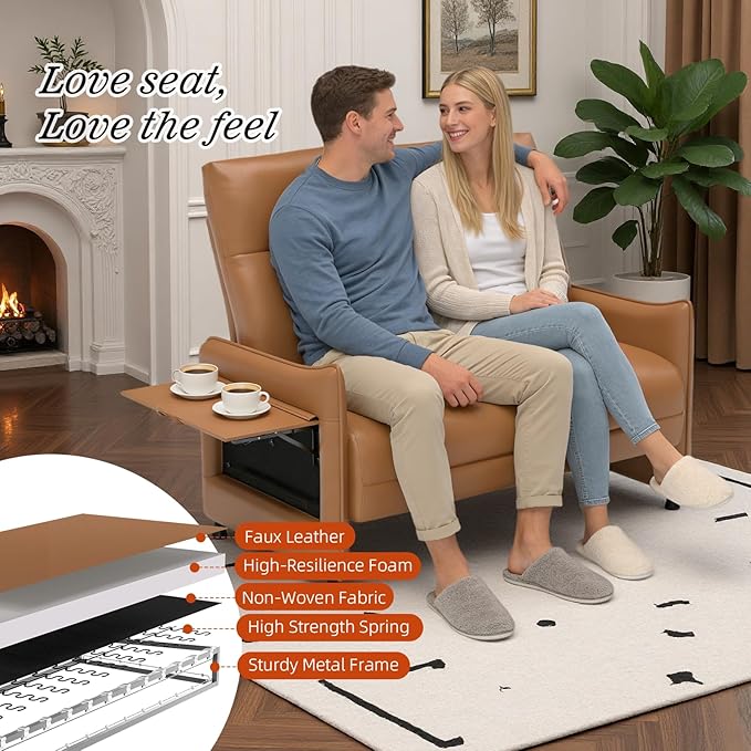 Faux Leather Small Loveseat Sofa Small Sofa 2 Seater Couch with Flip Up Tray Table Side Pockets Elastic Cushion Perfect Loveseat Couch for Bedroom Living Room or Office Brown