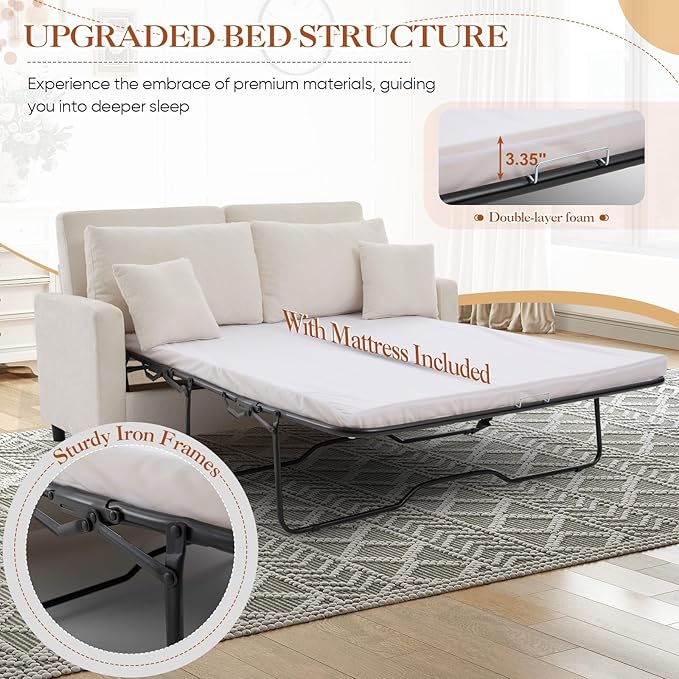 Antetek 72-inch Pull Out Sofa Bed with Mattress Convertible 2-in-1 Folding Full Size Chenille Futon Comfy Loveseat Sleeper Sofa Couch Bed with Square Arms for Guest Room Living Room Bedroom Beige