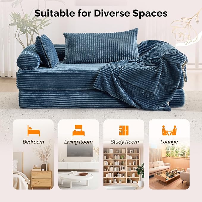 VINGLI Convertible Futon Sofa Bed Upholstered Corduroy Boneless Couch King Size Floor Loveseat Sleeper Sofa with 2-in-1 Throw Pillow Couches for Living Room Bedroom Lounge Navy Blue