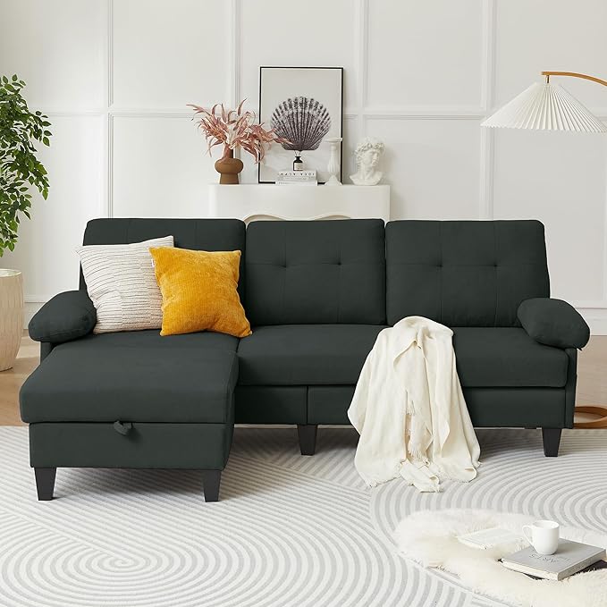 84 Convertible Sectional Sofa Modern Linen Fabric Small L Shaped Couch with Reversible Chaise 3-Seat Sofa Couches for Living Room Apartment and Small SpaceBlack
