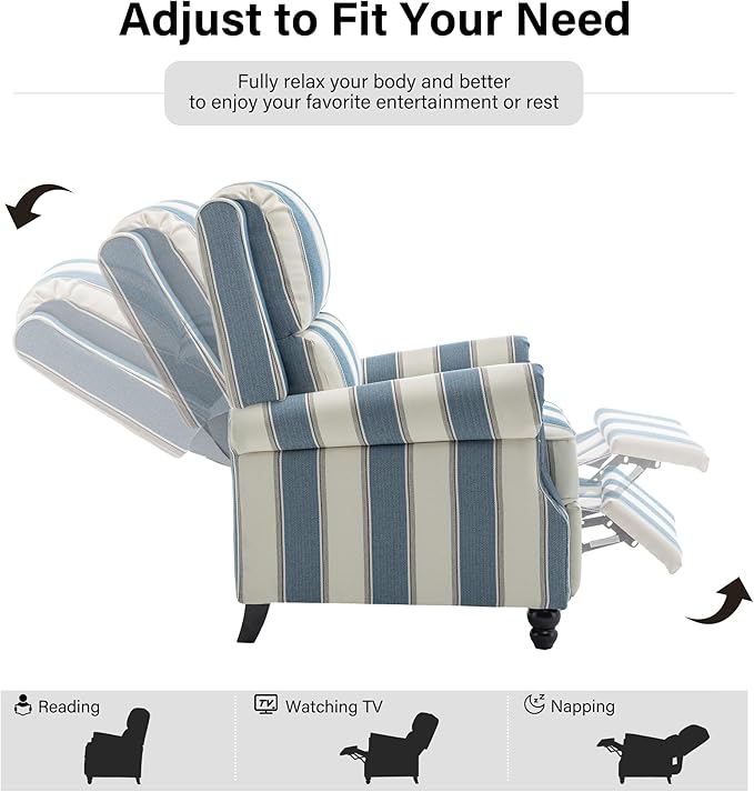 Recliner Chair Modern Pushback Armchair with Adjustable Backrest &amp Footrest for Bedroom Living Room (Navy Blue StripeSet of 1)