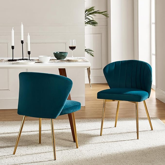 HULALA HOME Velvet Dining Chairs Modern Small Armless Accent Chair with Gold Metal Legs Living Room Upholstered Cute Side Chair Elegant Tufted Back Vanity Chair for Bedroom/Beauty Room-Teal