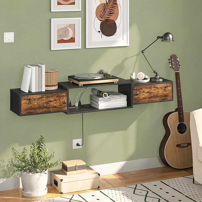 HOOBRO 55 Floating TV Stand with Power Outlet Modern Wall Mounted Media Console Shelf Cabinet for Under TV Storage Entertainment Center Living Room Bedroom Rustic Brown and Black BF11DS01