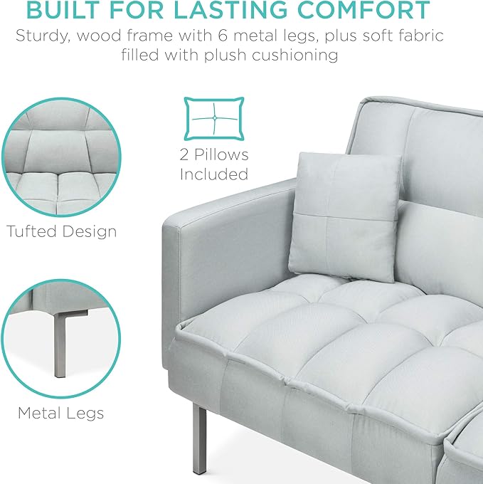 Best Choice Products Convertible Linen Fabric Tufted Split-Back Plush Futon Sofa Furniture for Living Room Apartment Bonus Room Overnight Guests w/ 2 Pillows Wood Frame Metal Legs - Light Gray