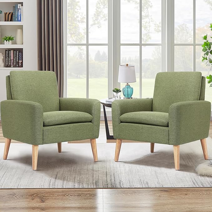 Lohoms Accent Chair Set of 2 Living Room Mid-Century Modern Chair Upholstered Fabric Comfy Club Armchair Pair of Leisure Sofa Chairs for Bedroom Small Apartment Office Green