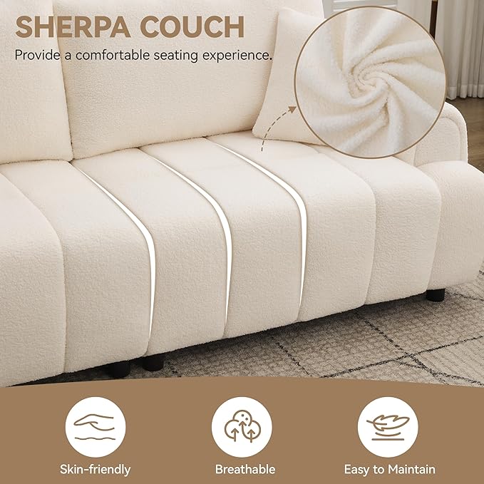 88 Modern Boucle Sofa Couch Oversized Comfy 3 Seater Sherpa Curved Sofas Deep Seat Upholstered Loveseat Teddy Round Arm Couches for Living Room Bedroom Beige