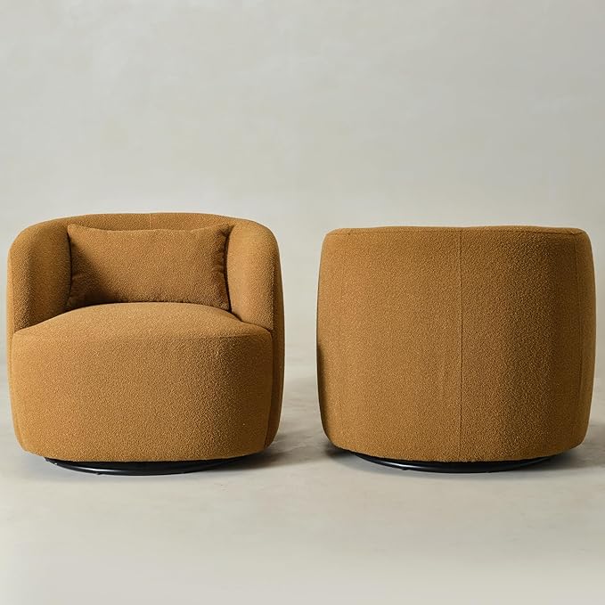KINWELL 34 Wide Boucle Swivel Barrel Chairs Set of 2 No Assembly Round Upholstered Armchairs Accent Chairs Single Sofa Chair with Toss Pillow for Living Room and Bedroom Brown