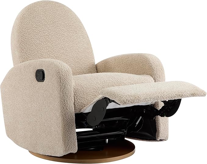 Christopher Knight Home Sidney Fabric Upholstered 360° Swivel Chair Boucle Push-Back Recliner Solid Wood Glider Recliner with Rotation Living Room Single Lounge Sofa Almond Beige