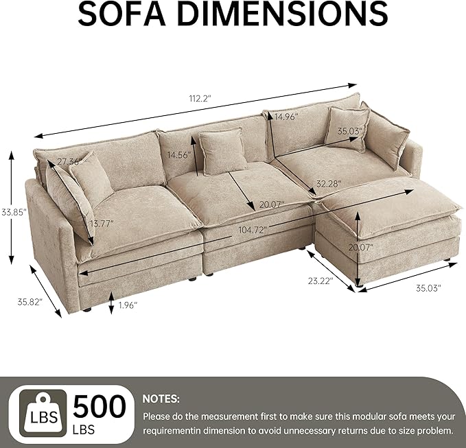 Modular Sectional Sofa 112.2 Inch L Shaped Couch Set with Armrests 3-Seater Comfy Cloud Couches for Living Room Apartment Coffee
