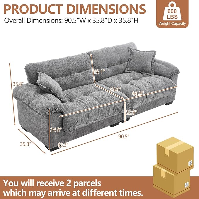 KIVENJAJA 90.5”W Oversized Cloud Loveseat Sofa Modern Chenille Tufted Deep Seat Sectional Couch Overstuffed Comfy Love seat with Pillows for Living Room Apartment Small Space Grey
