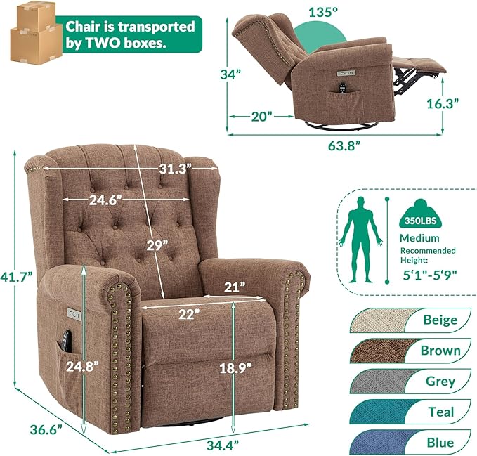 VIVIJASON Power Swivel Rocking Recliner Chair with Massage &amp Heat Electric Rocker Nursery Glider Chair Wingback Tufted Upholstered Recliner W/Type-C &amp USB Ports for Living Room Bedroom Bro