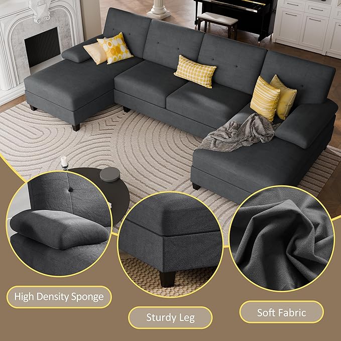 JY QAQA Sectional Couche with Soft Cushion U-Shaped Sofa with Double Chaise 4-Seat Linen Fabric Sofa Sets for Living Room Apartment Black