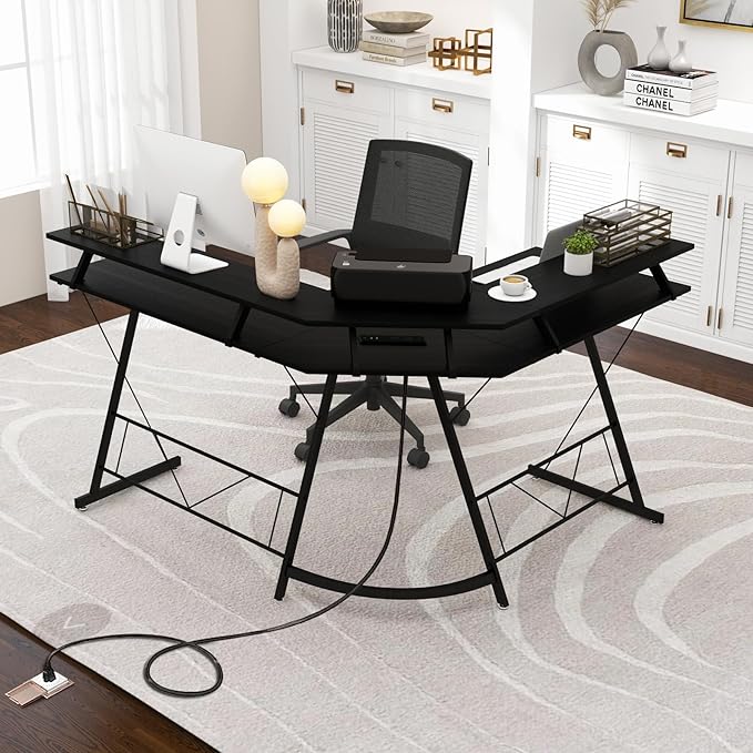 Tangkula L-Shaped Computer Desk with Power Outlet 51 Corner Computer Workstation with Monitor Stand Keyboard Tray &amp Headphone Hook Ergonomic Gaming Desk for Home Office (Black)