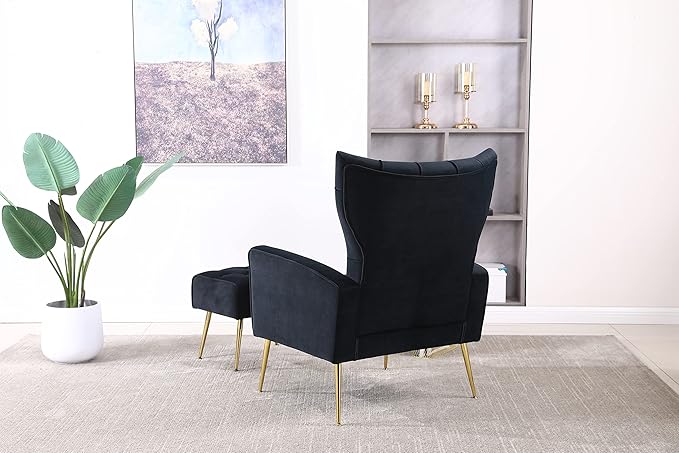 Modern Accent Chair with Ottoman Comfy Armchair for Living Room Bedroom Apartment Office (Black)