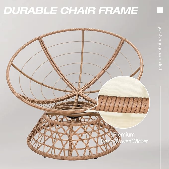 38'' 360 Degree Swivel Wicker Papasan Chair with Cushion and Base - Thickened Rattan Swivel Papasan Chair with Soft Cushion and Durable Frame Oversized Reading Chair for Living Room Beige