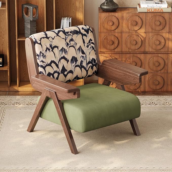 Accent Chair Mid Century Modern Chair Velvet Upholstered Lounge Arm Chair with Solid Wood Cozy Reading Chair for Living Room Bedroom Balcony (Feather Print Single Chair)