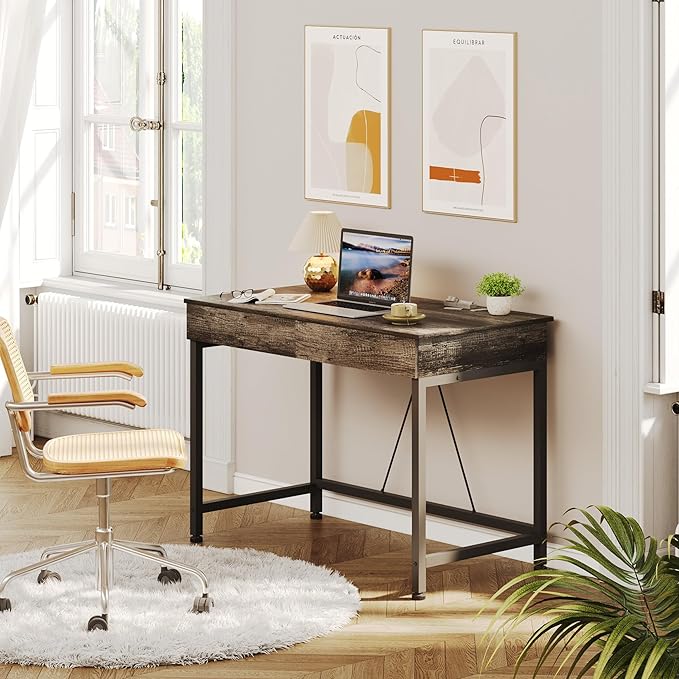 Mexin Small Desk with 2 Wooden Drawers 40 Inch Home Office Writing Desk Vanity Desk with Storage Computer Desk for Bedroom Small Spaces Table for Office Work Kids Study Makeup Gray Oak
