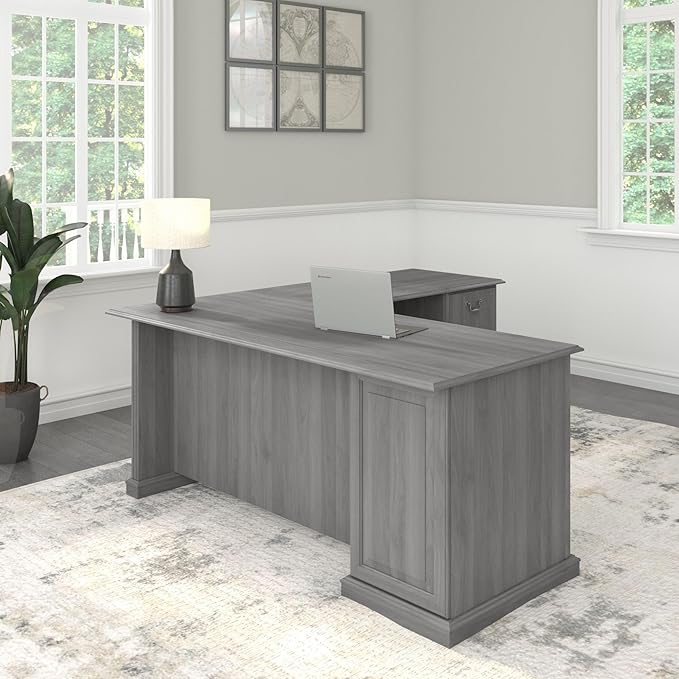 Bush Home Saratoga L Shaped Computer Desk with Drawers and Storage in Modern Gray | Large Corner Office Table for Workspace