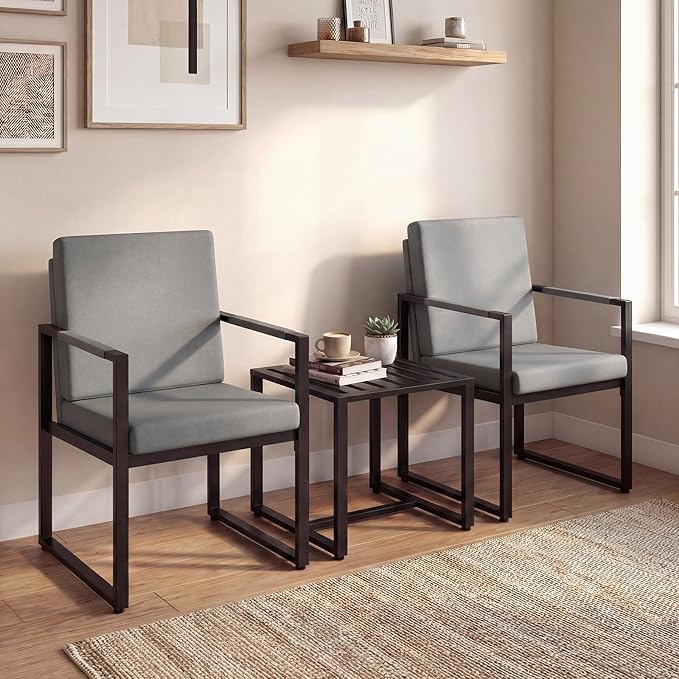 KOMFOTT Metal Frame Accent Chair Set of 2 Faux Leather Modern Industrial Single Sofa Chairs with Upholstered Cushions Armrests Comfy Armchair for Living Room Home Office Reception (Grey)