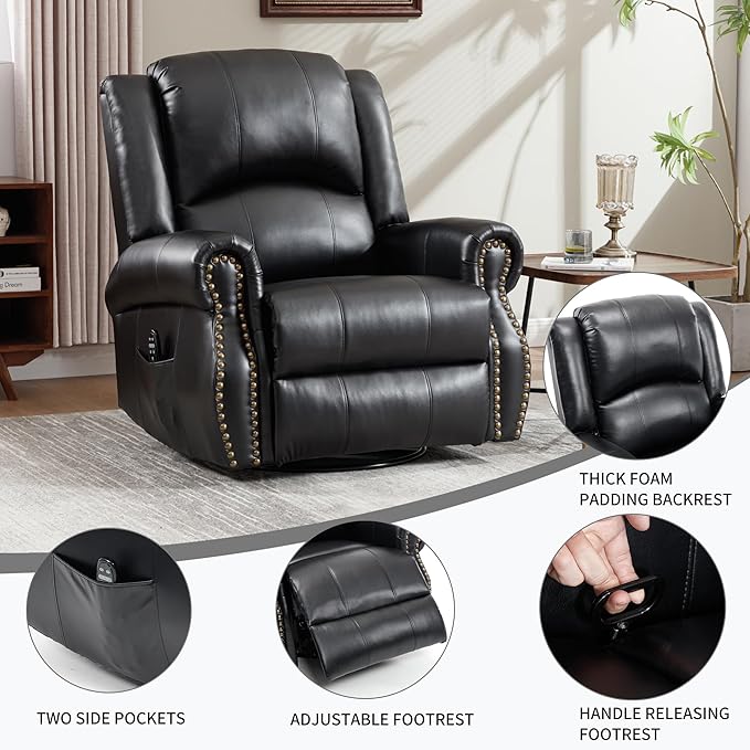 PELUMY Breathable Leather Swivel Rocking Recliner Chair for Adults 360° Swivel Glider Rocker with Heat &amp Vibrating Massage Lounge Chair for Living Room Bedroom Nursery (Black)