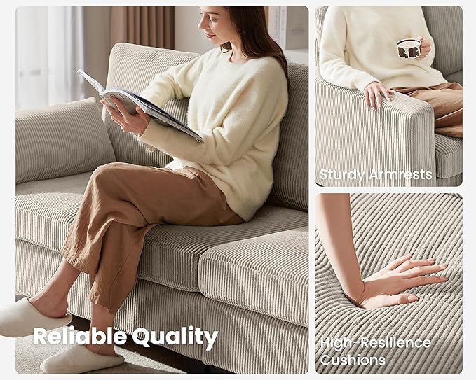 CHIC HOUSE Corduroy Modular Sectional Couch with Ottoman Chaise L/U Shaped Sleeper Sofa for Living Room Apartment Lounge Modern Armrest Neck Support Furniture (6 Seater Sectional Beige)