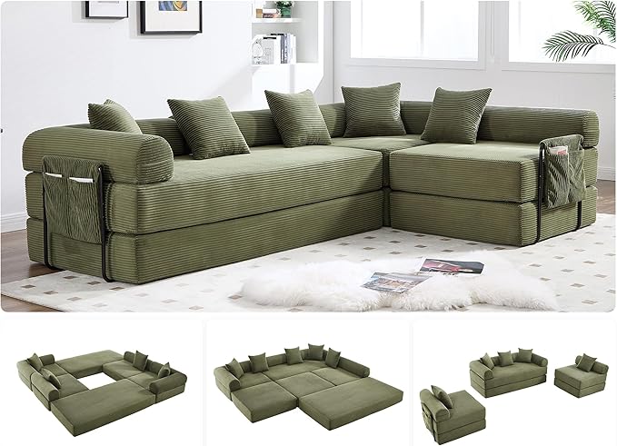 10-in-1 Folding Convertible Sofa Bed 141 Inch Boneless Couch with Fixed-Shape Frame Corduroy Modular Sectional Sofa Mattress Sleeper Sofa Floor Sofa Futon Couch for Living Room (Green)
