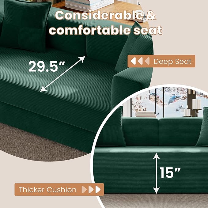 Belhome 78.8 Convertible Sofa Bed Futon Sofa Bed with Side Pocket Corduroy Pull Out Futon Sofa Boneless Couch for Living RoomsNo Assembly Required Jade Green