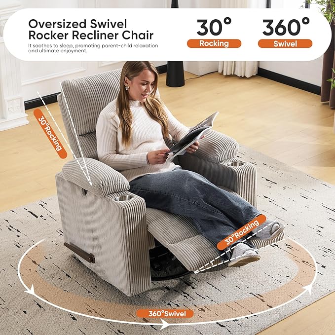 Swivel Rocker Recliner with Adjustable Armrests Rocking Nursery Chair with Adjustable Headrest Cup Holder Manual Recliner Nursing Chair for Breastfeeding Corduroy Grey
