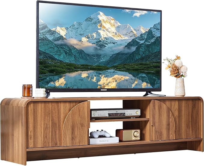 BERRYMERRY 63'' TV Stand for Up to 75 TVsMCM TV Console Table with Big Arched HandleTelevision Stands Entertainment Media Center with Sliding Door for Living Room Bedroom (Walnut)