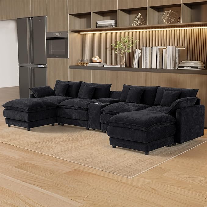 145 Oversized Modular Sectional Sofa U Shaped Cloud Couch Modern 6 Seat Sofa Set for Living Room Comfy Chenille Deep Seat with Storage Central Console Movable Ottomans Cup Holders USB Ports Black