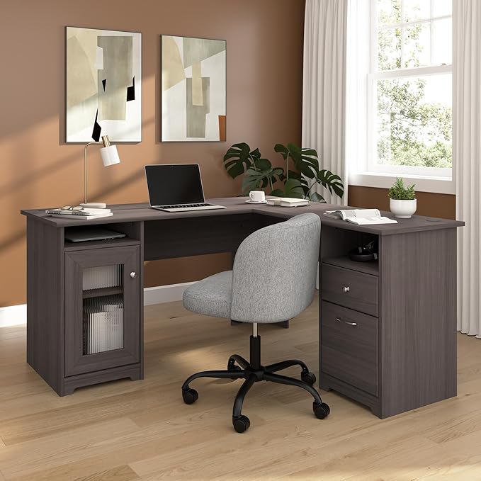 Bush Home Cabot 60W L Shaped Computer Desk with Storage in Heather Gray 60-inch Corner Table with Drawers for Home Office Workspace