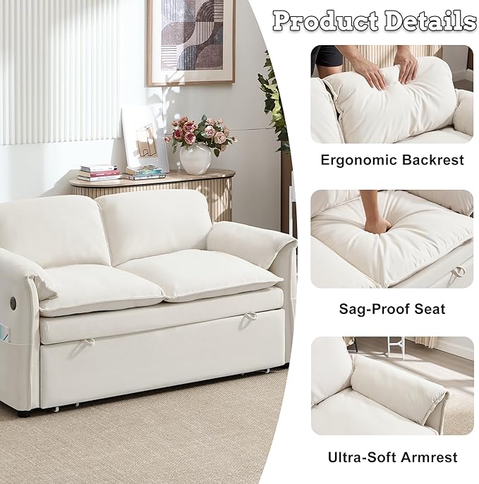 63 Velvet Pull Out Sofa Bed 3-in-1 Convertible Futon Loveseat Queen Sleeper Sofa Couch Bed with Adjustable Backrest USB Ports &amp Side Pockets Modern Sofas for Living Room Apartment Beige