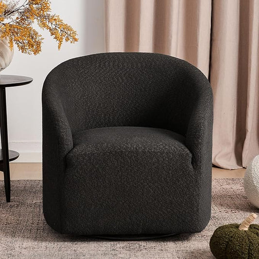 KINWELL 32 Wide Modern Boucle Swivel Barrel Chair No Assembly Round Upholstered Swivel Accent Armchair for Living Room Bedroom Office (Black)
