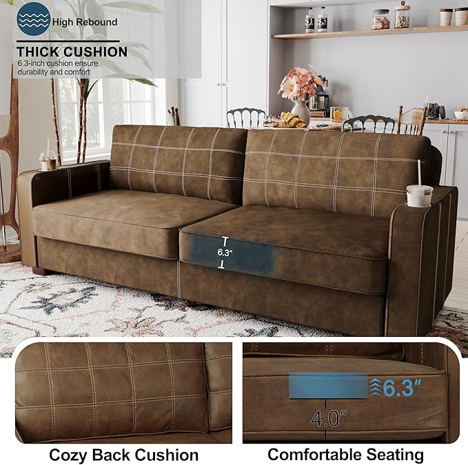 80 Inch Brown Faux Leather Sofa Couch - Wide Armrests with 2 Built-in Cup Holders Contrast Stitching Oversized Leather Love Seat Couches for Living Room Bedroom Apartment