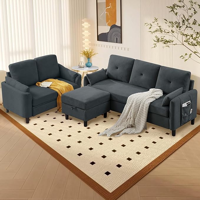 Convertible Sectional Sofa Set 77 Small L Shaped 3 Seat Couch with Reversible Storage Chaise and Loveseat Modern Line Sofa Couches for Living Room Dark Grey