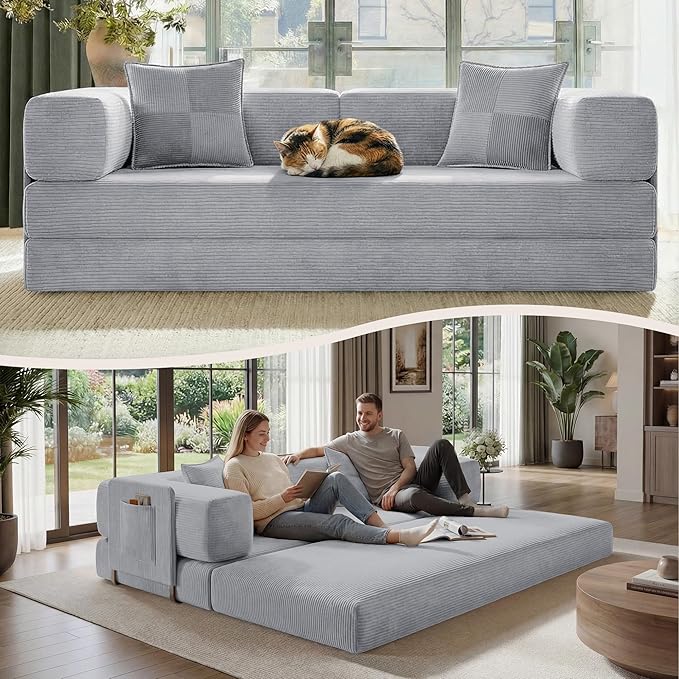 Belhome 78.8 Convertible Sofa Bed Futon Sofa Bed with Side Pocket Corduroy Pull Out Futon Sofa Boneless Couch for Living RoomsNo Assembly Required Pewter