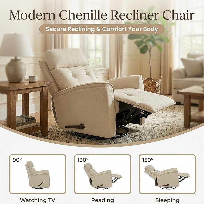 Swivel Rocker Recliner High Back Manual Glider Recliner Rocking &amp 360° Swivel Glider Rocking Recliner Chair for Small Spaces Living Room Bedroom Apartment RV Beige